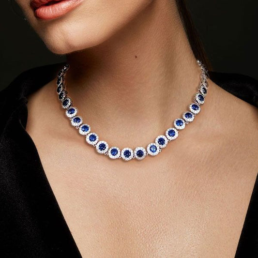 Blue Sapphire Necklace Sterling Silver Tennis Necklace For Women